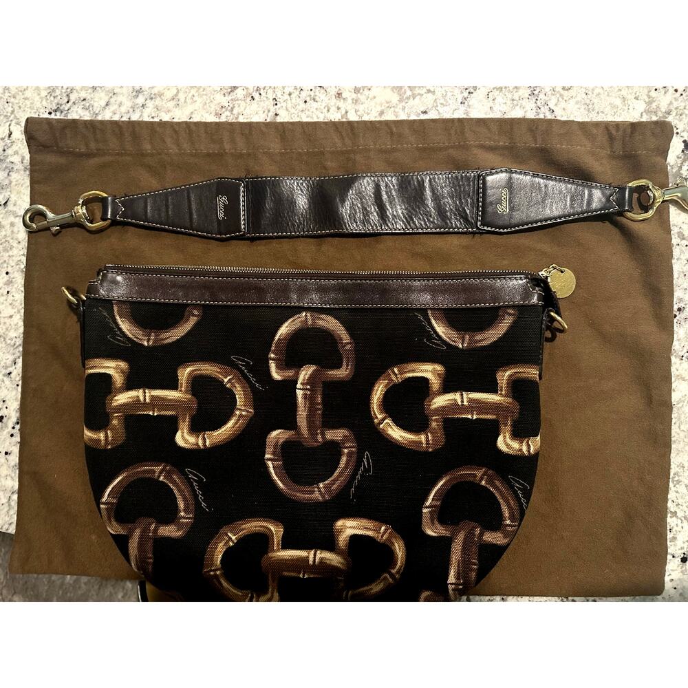 Rare vintage Gucci Half Moon bamboo Horsebit canvas & leather hobo brown black - Picture 14 of 17